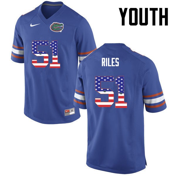 Florida Gators Youth #51 Antonio Riles College Football USA Flag Fashion Blue